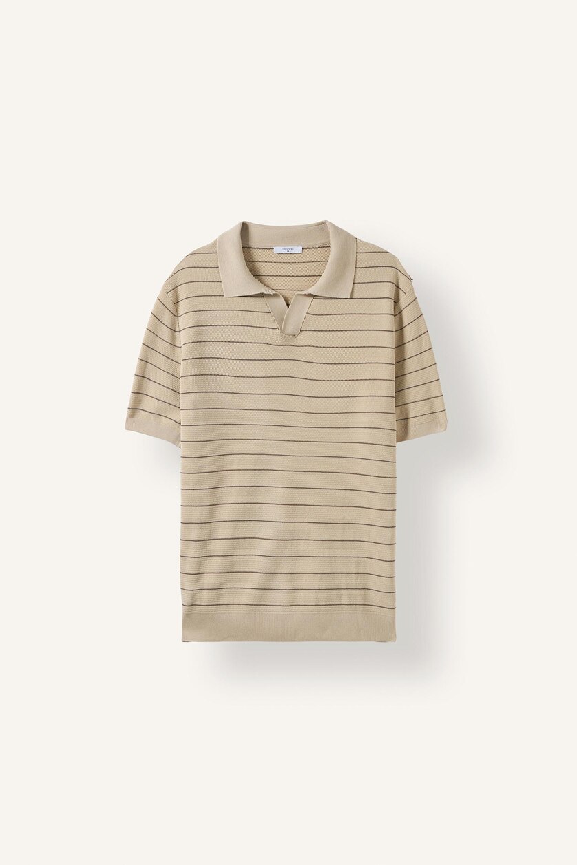 Man Ecru Standard Fit Striped Knit Polo Shirt
