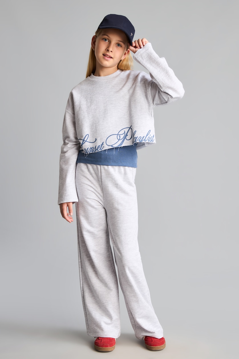 GIRLS & TEENS Light Grey Melange Girl 3-Piece Cotton Sweatshirt Tank Top and Sweatpants Set
