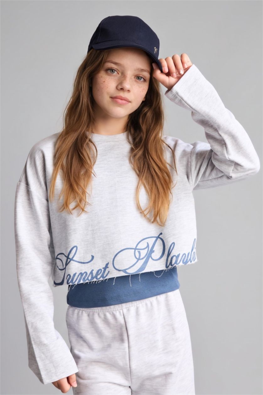 Kız Çocuk - Genç Kız Açık Gri Melange Pamuklu Regular Fıt 3'Lü Sweatshirt Kız Çocuk