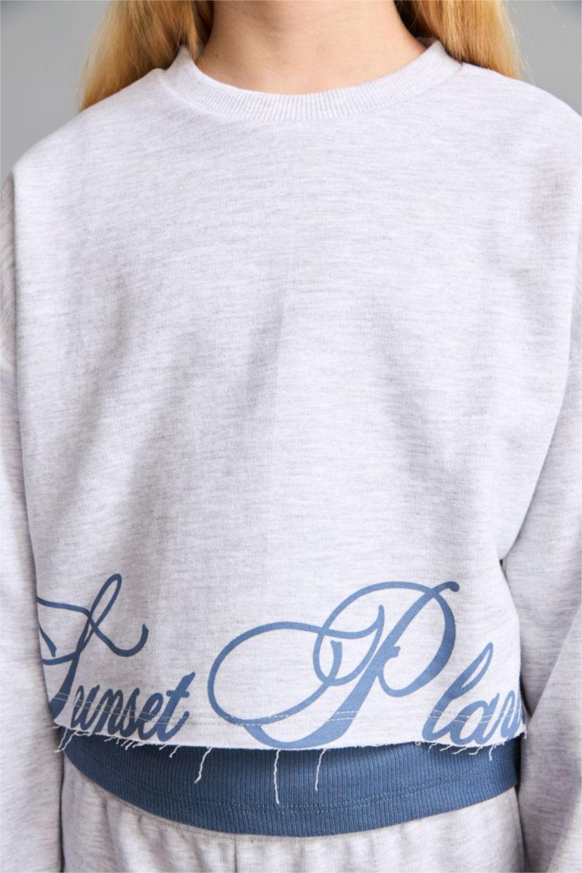 Kız Çocuk - Genç Kız Açık Gri Melange Pamuklu Regular Fıt 3'Lü Sweatshirt Kız Çocuk