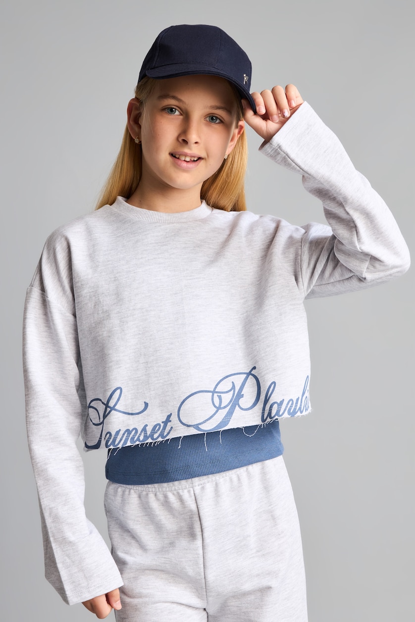 GIRLS & TEENS Light Grey Melange Girl 3-Piece Cotton Sweatshirt Tank Top and Sweatpants Set