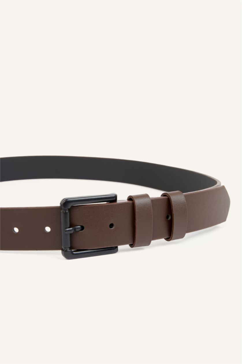 Men Brown Man Rectangle Clasp Faux Leather Classic Belt