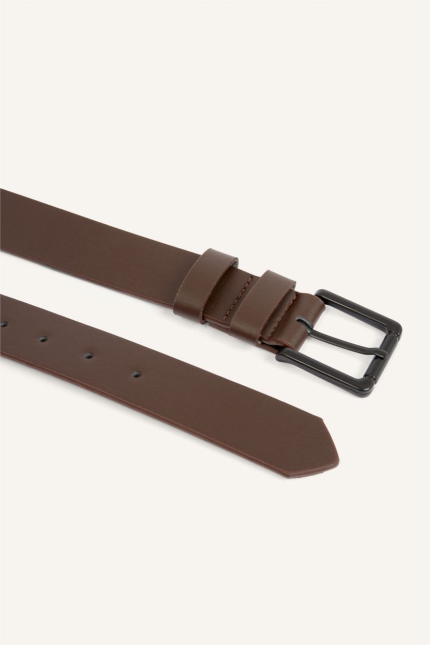 Men Brown Man Rectangle Clasp Faux Leather Classic Belt