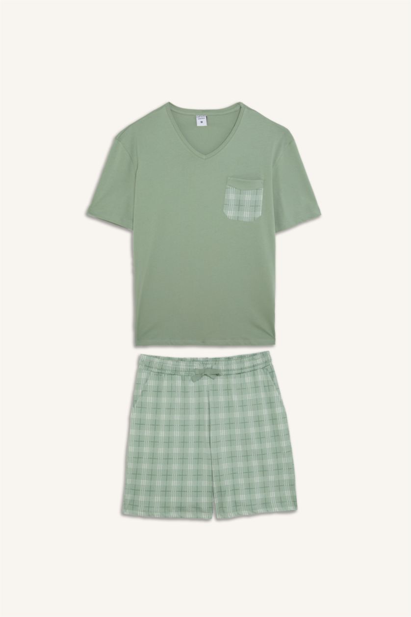 Erkek Açık Yeşil %100 Pamuk New Regular Fit Şort Tişört 2'li Şortlu Pijama Takımı