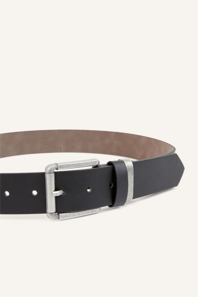 Men Black Man Rectangle Clasp Faux Leather