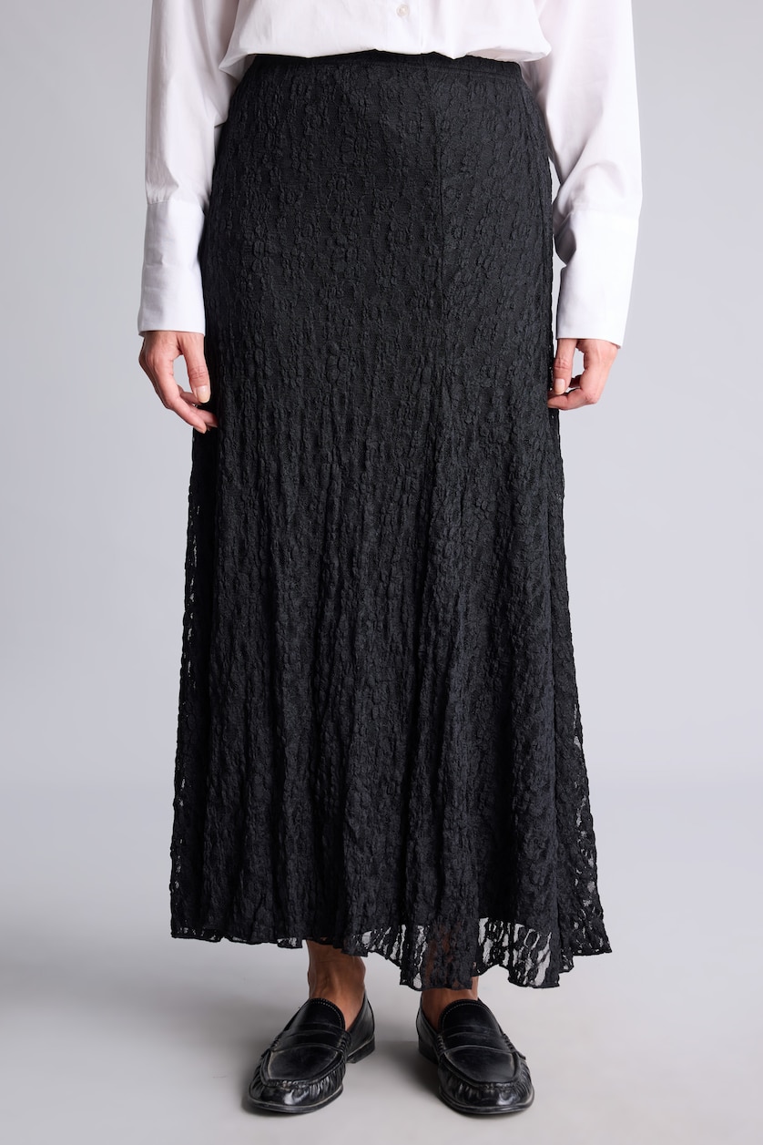 Women Black A-Line Midi Lace Detail Skirt