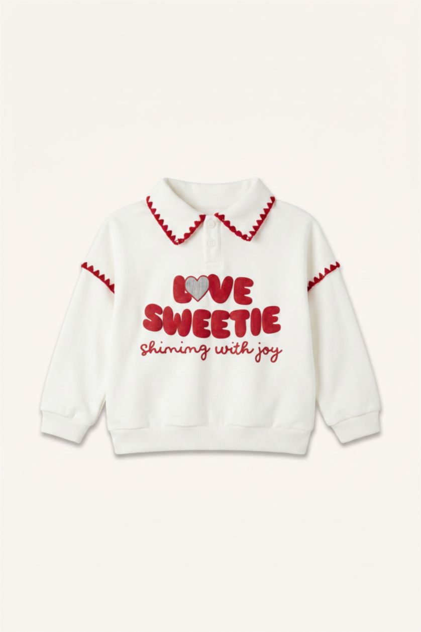Kız Bebek Ekru Polo Yaka Baskılı Sweatshirt Kız Bebek