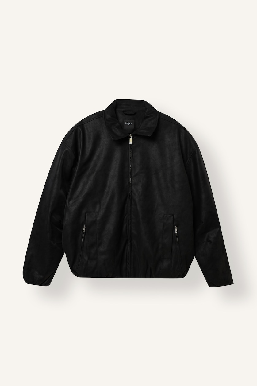 MAN Black Oversize Polo Collar Zip-Up Jacket