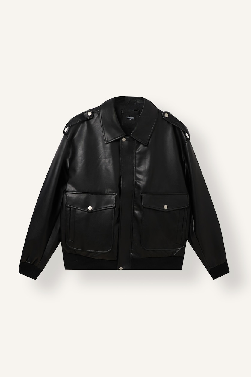 Man Black Zipper Faux Leather Jacket