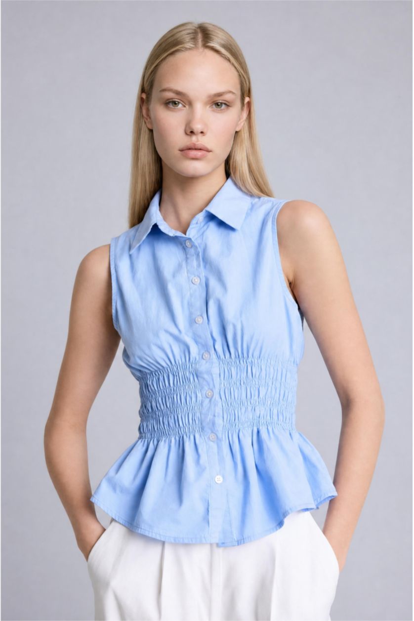 Woman Blue Slim Fit Poplin Sleeveless Shirt
