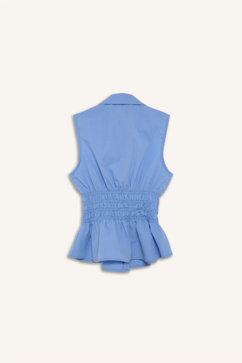 Kadın Mavi Fitted Kolsuz Poplin Gömlek