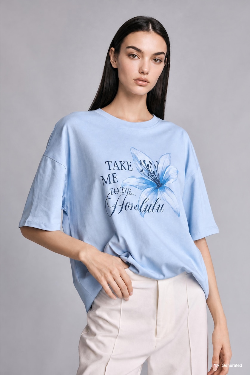 Women Light Blue Oversize Crew Neck Blue Floral T-Shirt