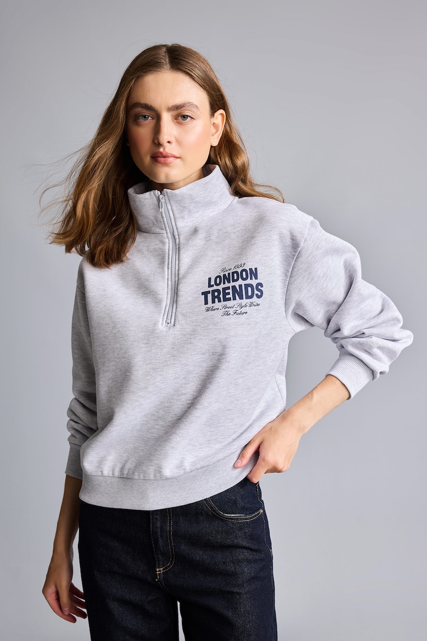 WOMAN Grey Melange Regular Fit Thick Sweatshirt Fabric Sweatshirt