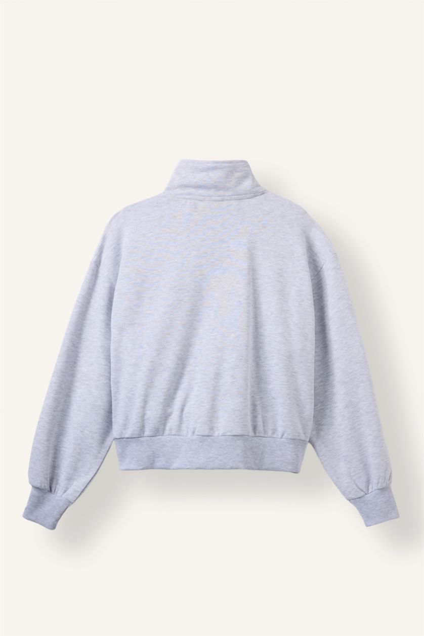 Women Grey Melange Relax Fit Thick Sweatshirt Fabric Cardigan