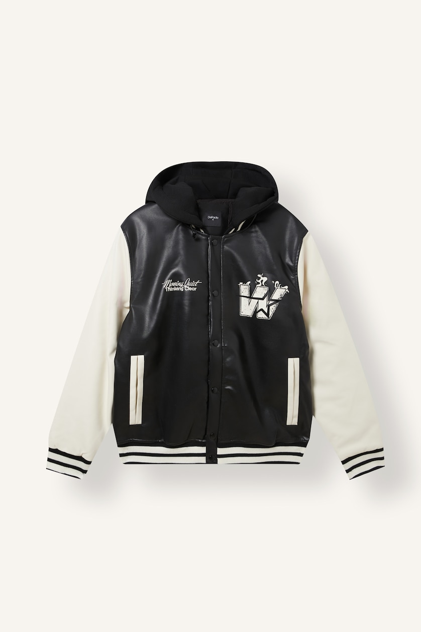 Men Black Regular Fit Faux Leather Varsity Jacket