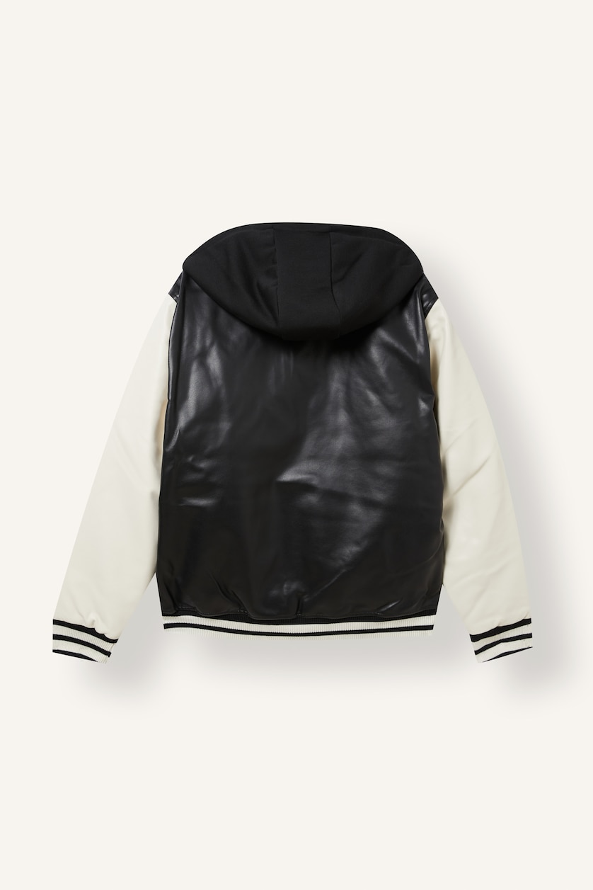 Men Black Regular Fit Faux Leather Varsity Jacket
