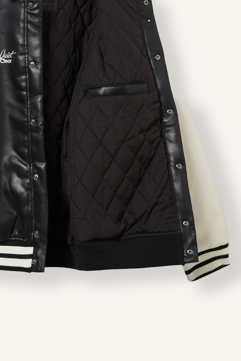 Men Black Regular Fit Faux Leather Varsity Jacket