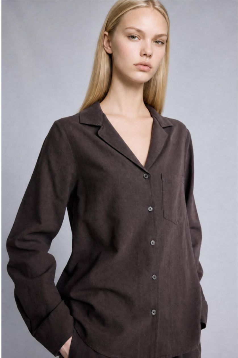 Women Brown Oversize Fit Linen Blended Long Sleeve Shirt