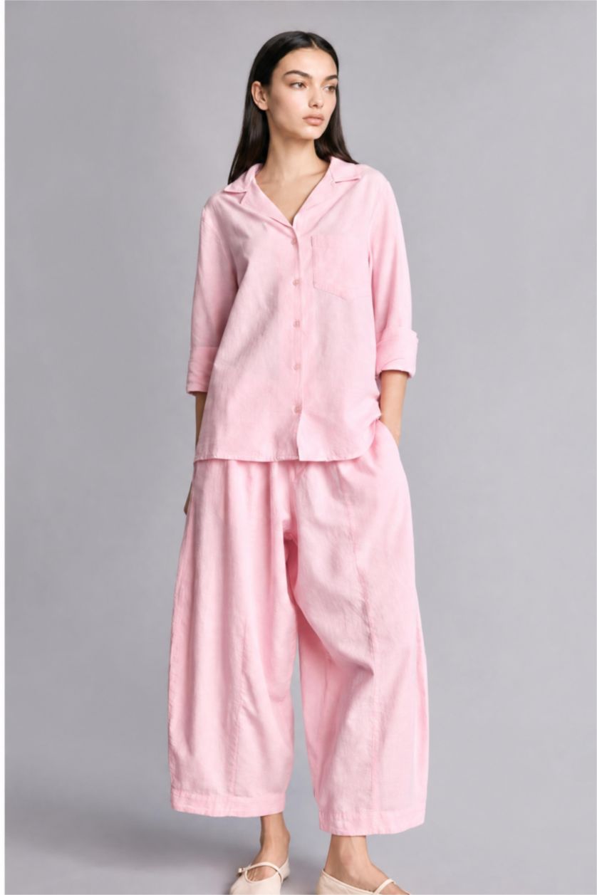 Kadın Pembe Oversize Uzun Kollu Keten Karışımlı Gömlek