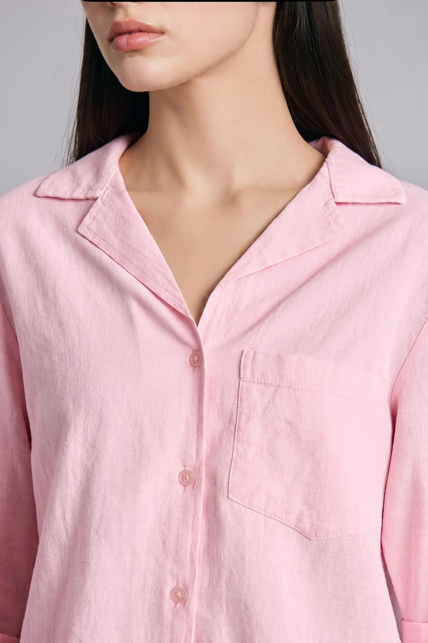 نساء زهري Chemise en lin mélangé rose oversize à manches longues