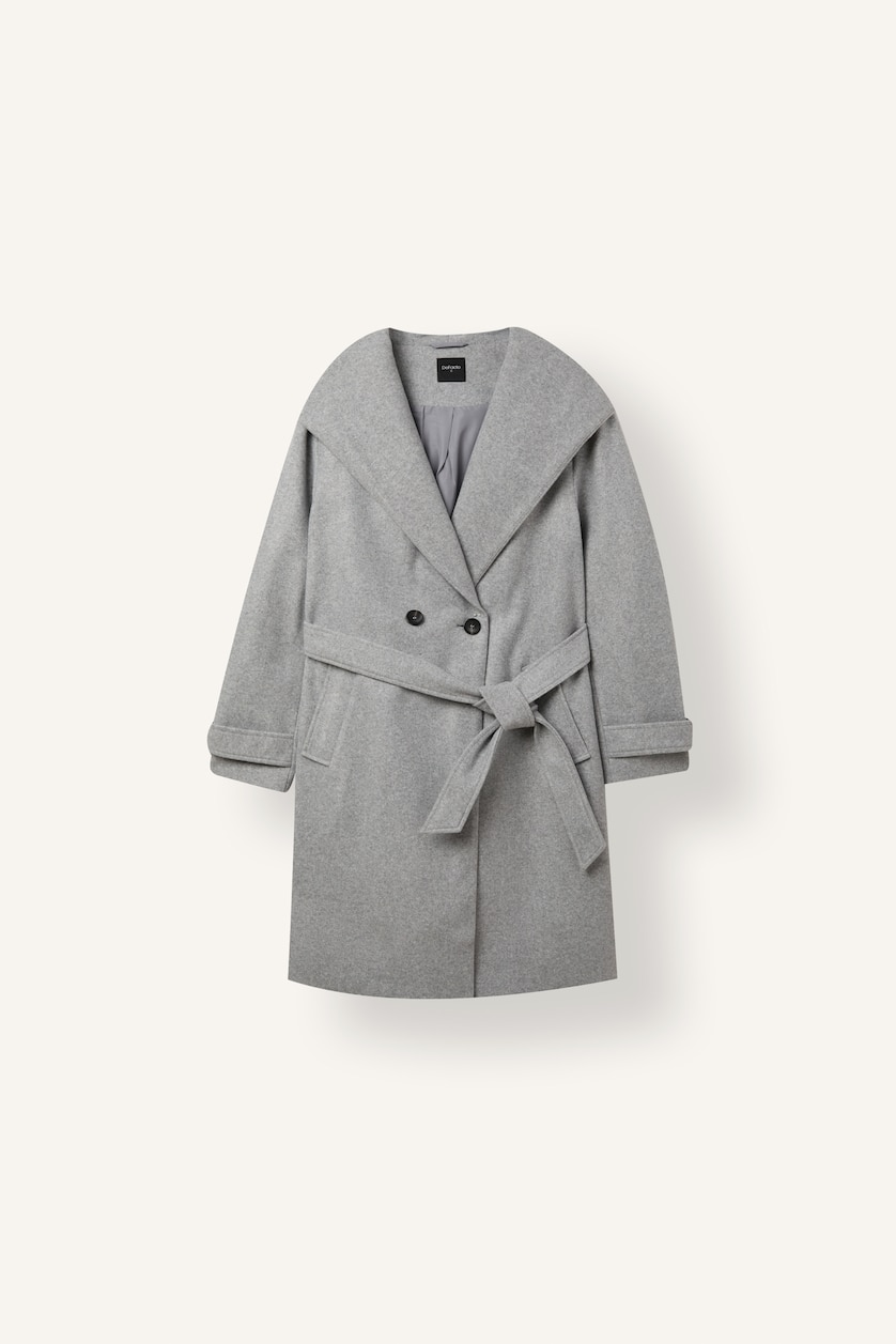 نساء رمادي Regular Fit Hooded Wool Cloth Belted Coat