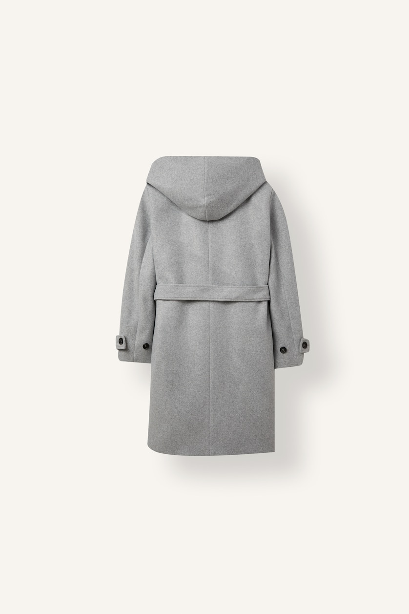 نساء رمادي Regular Fit Hooded Wool Cloth Belted Coat