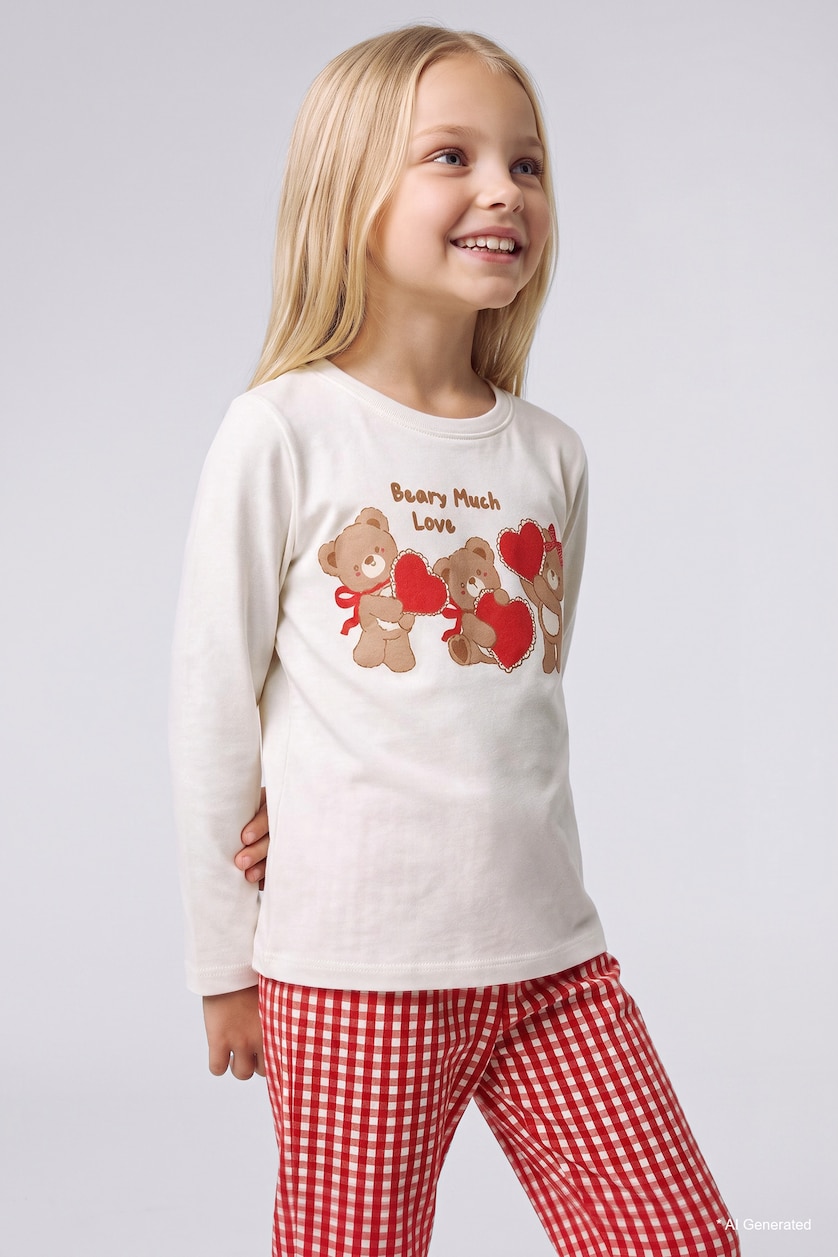 Kız Bebek Ekru 2'li Pijama Takımı Pötikare Kız Bebek