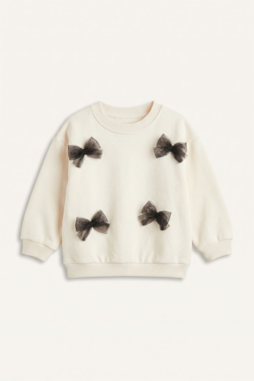 Kız Bebek Ekru Bisiklet Yaka İnce Sweatshirt Kız Bebek