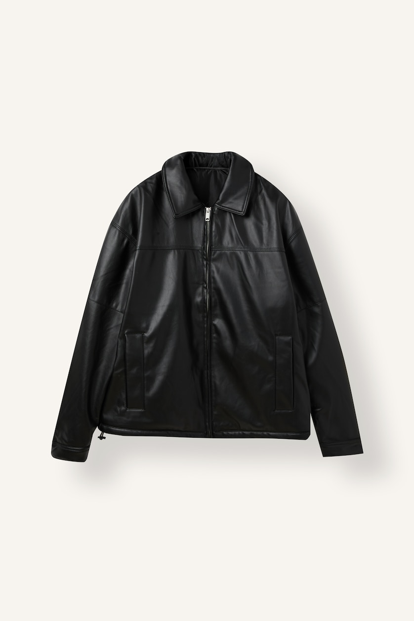 Erkek Siyah Oversize Dik Yaka Suni Deri Mont