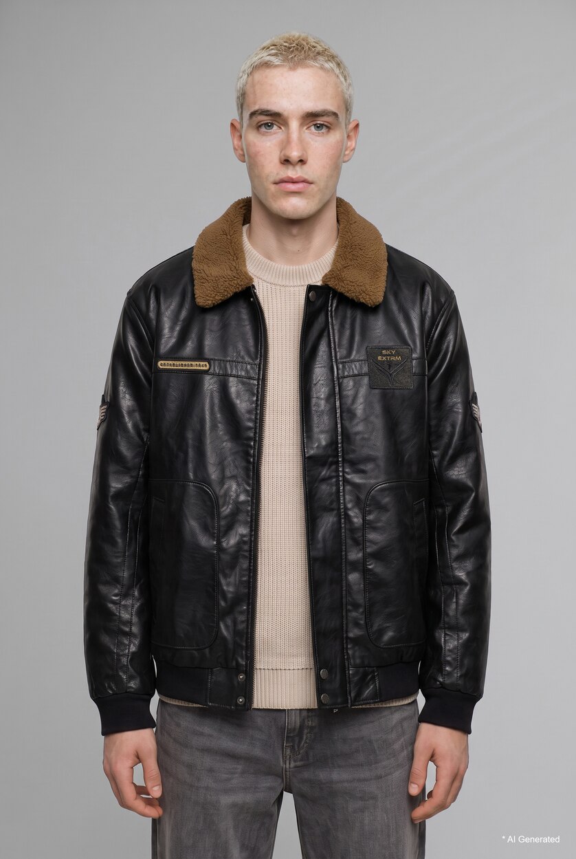 رجال أسود Oversize Shirt Collar Mid-Length Zip-Up Faux Leather Jacket