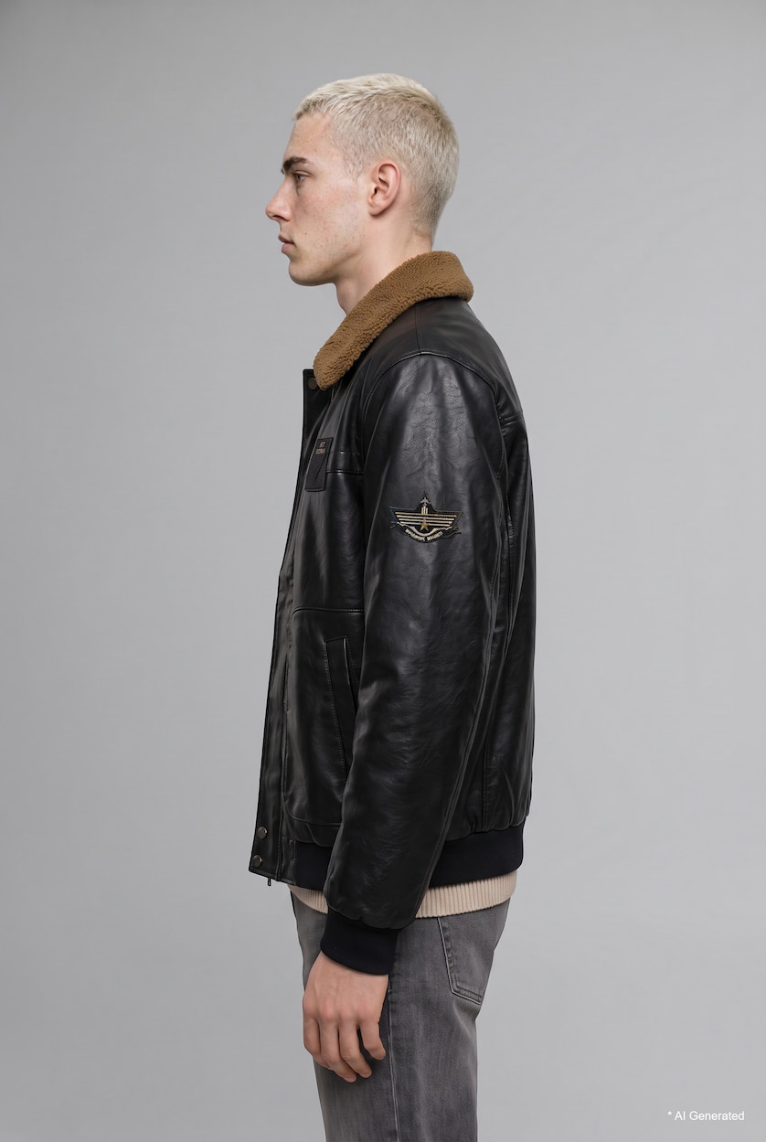 رجال أسود Oversize Shirt Collar Mid-Length Zip-Up Faux Leather Jacket