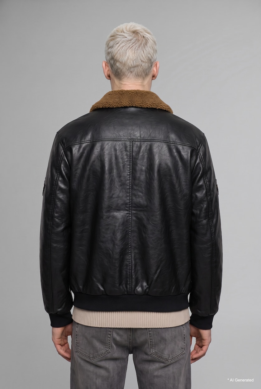 رجال أسود Oversize Shirt Collar Mid-Length Zip-Up Faux Leather Jacket