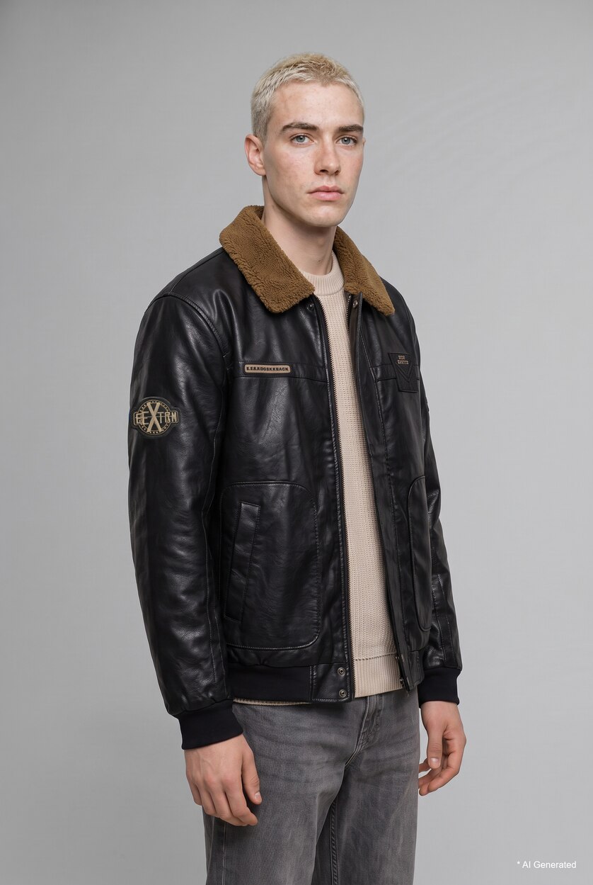 رجال أسود Oversize Shirt Collar Mid-Length Zip-Up Faux Leather Jacket