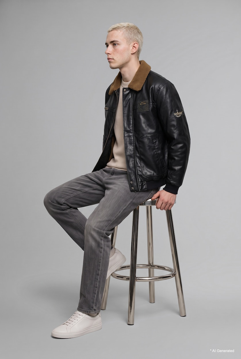 رجال أسود Oversize Shirt Collar Mid-Length Zip-Up Faux Leather Jacket