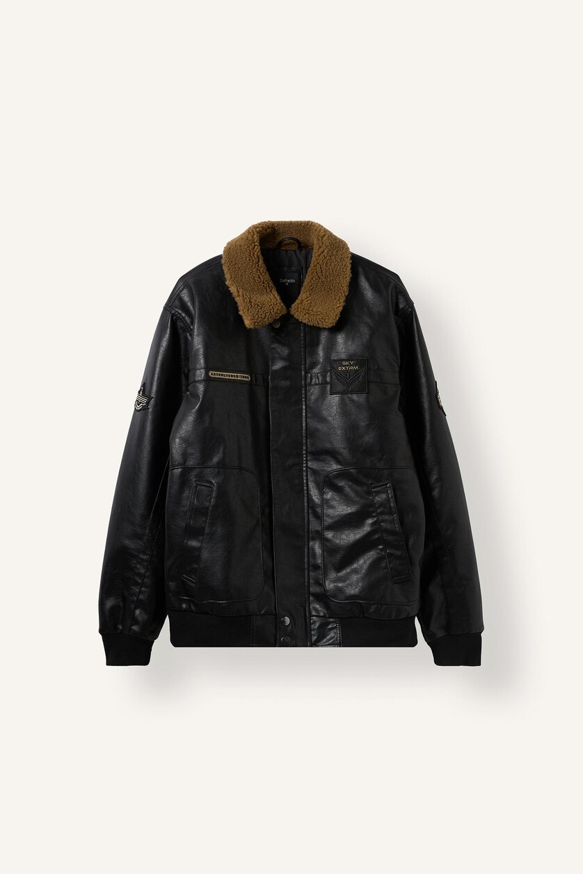 رجال أسود Oversize Shirt Collar Mid-Length Zip-Up Faux Leather Jacket