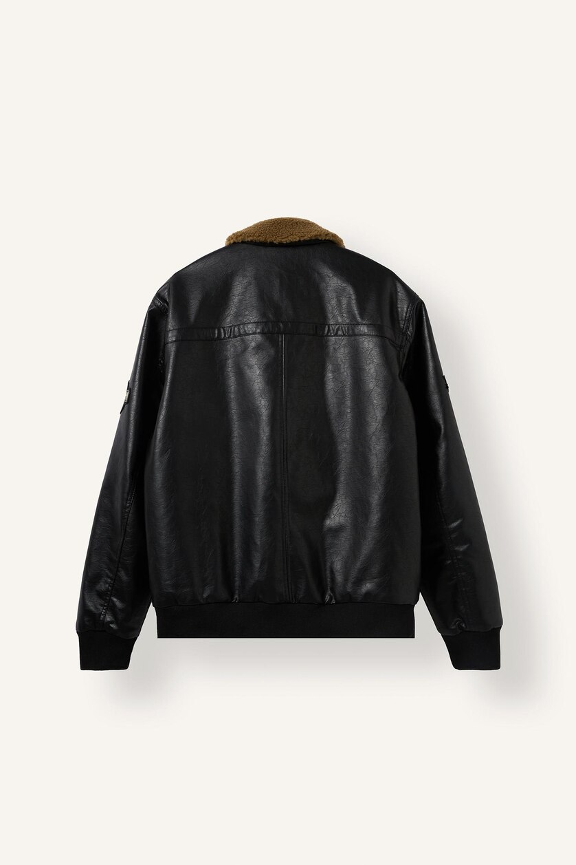 رجال أسود Oversize Shirt Collar Mid-Length Zip-Up Faux Leather Jacket