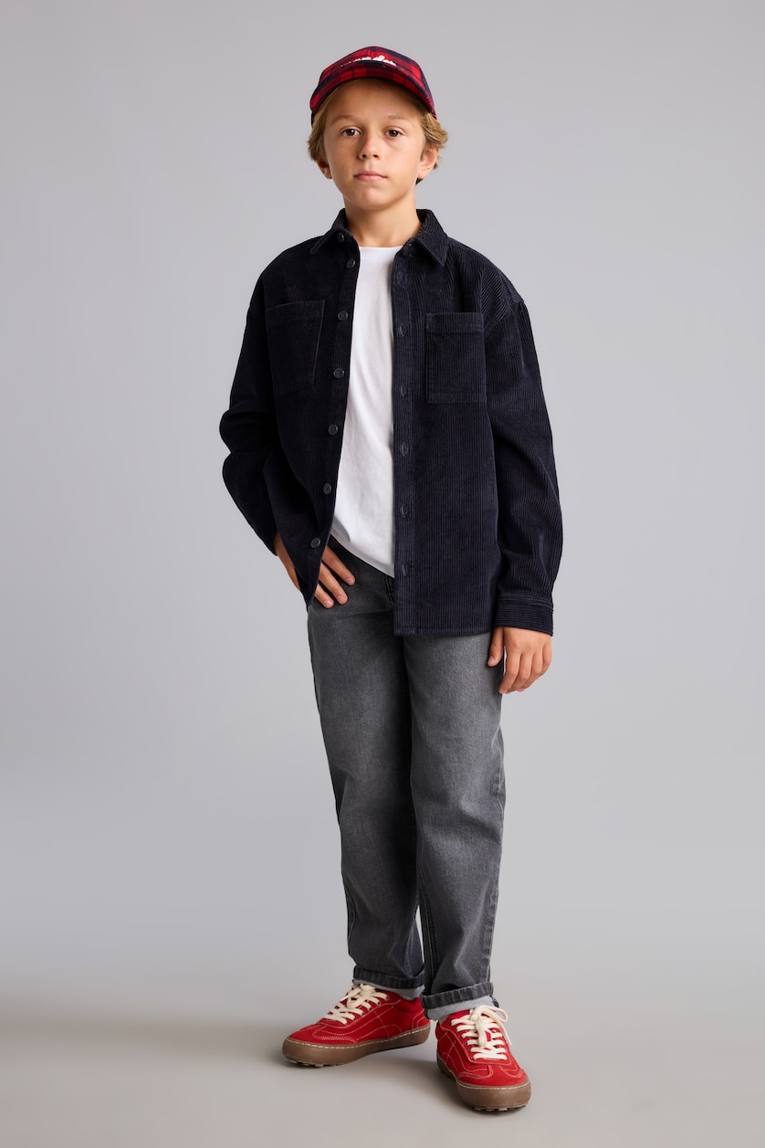 Erkek Çocuk - Genç Erkek Gri Oversize Fitilli Kadife Gömlek Erkek Çocuk
