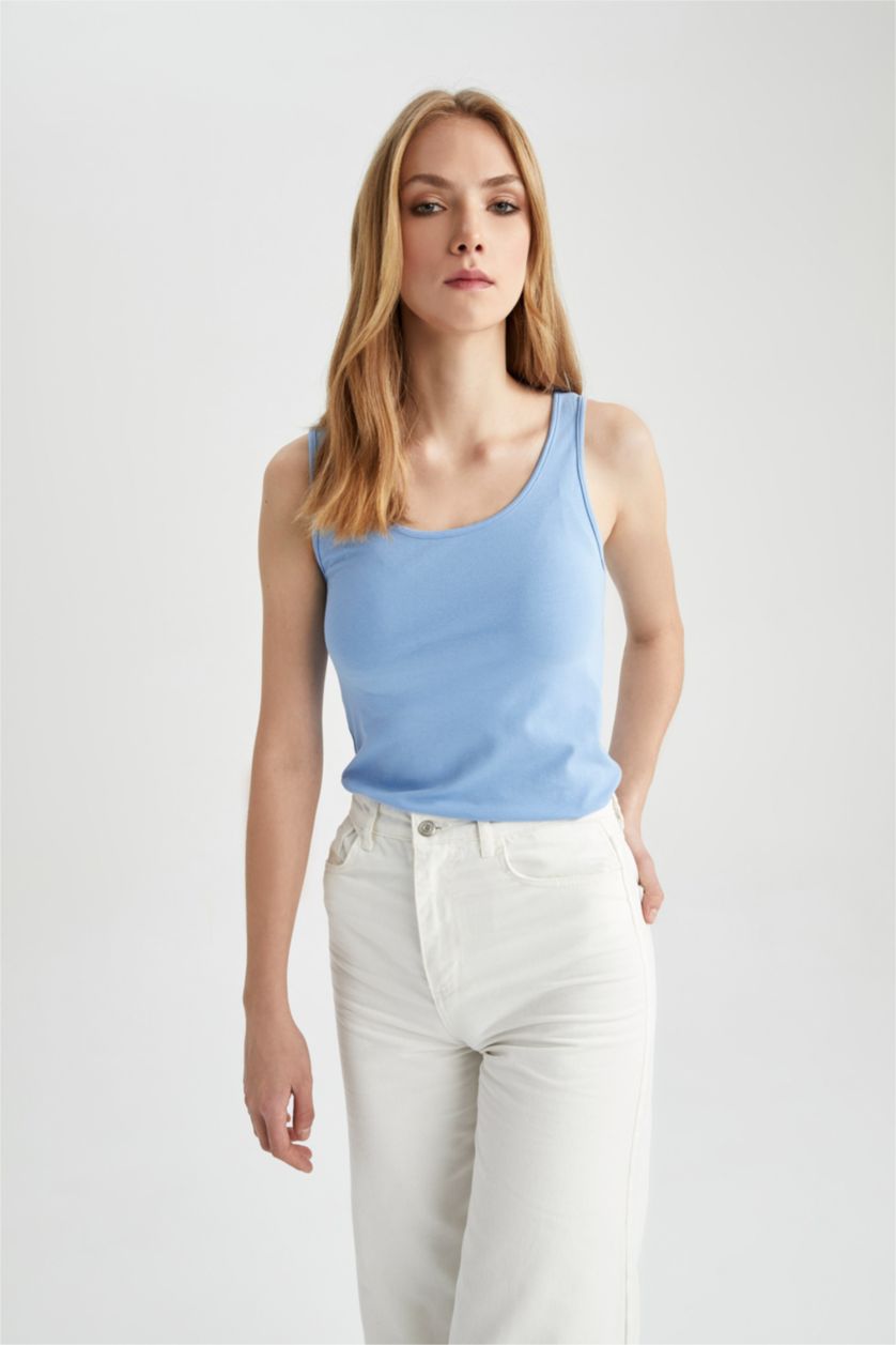 Woman Blue Slim Fit Crew Neck Singlet