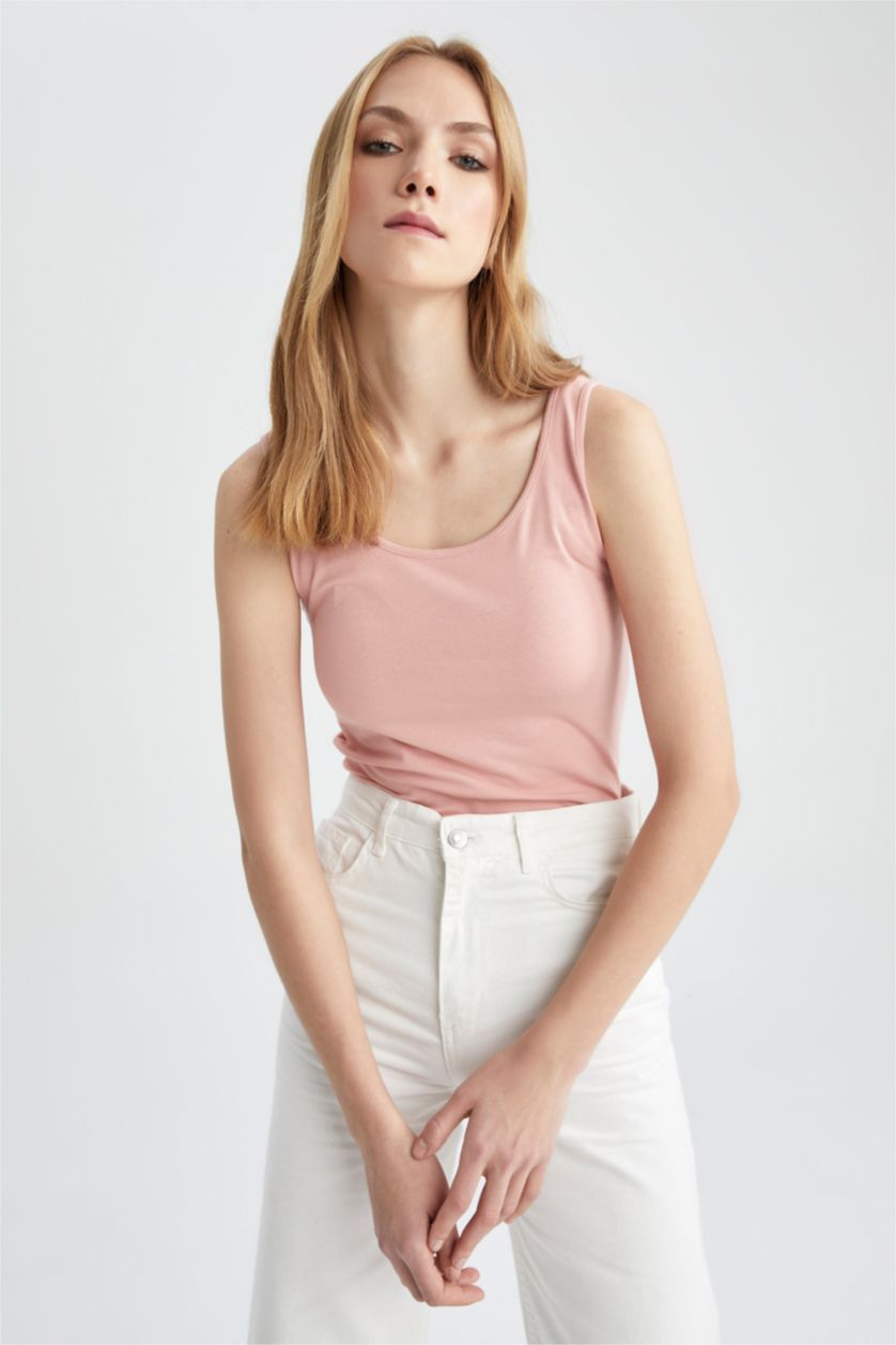 نساء وردي فاتح فانيلة سليم فيت بياقة مستديرة