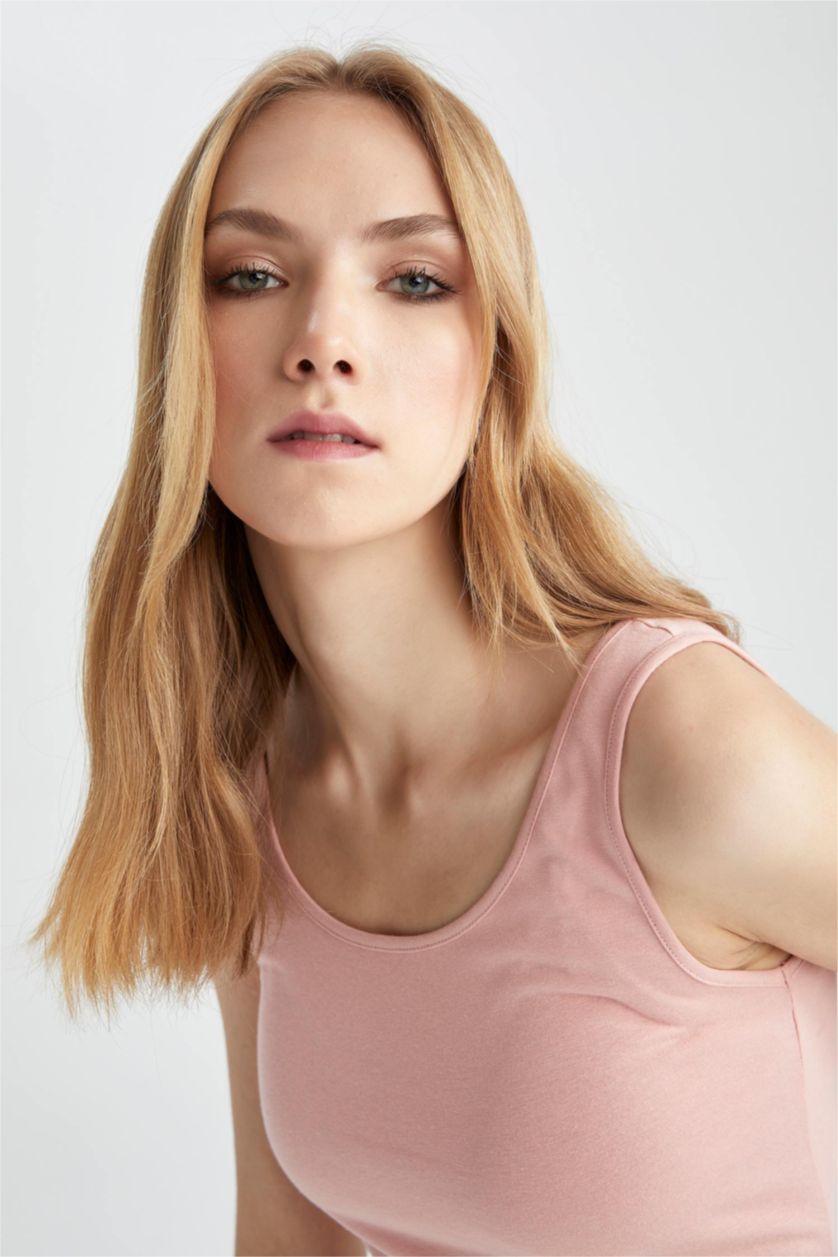 نساء وردي فاتح فانيلة سليم فيت بياقة مستديرة