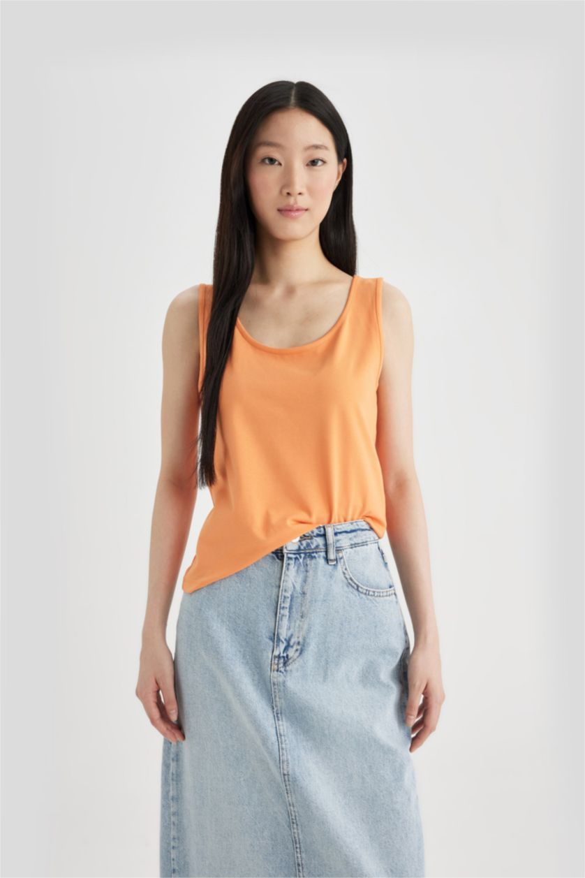 نساء برتقالي تانك توب سليم فيت برقبة مستديرة بدون كم