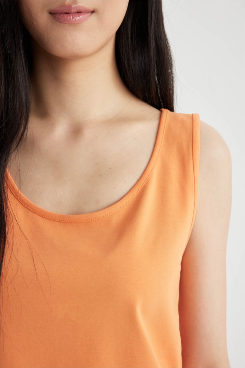 نساء برتقالي تانك توب سليم فيت برقبة مستديرة بدون كم