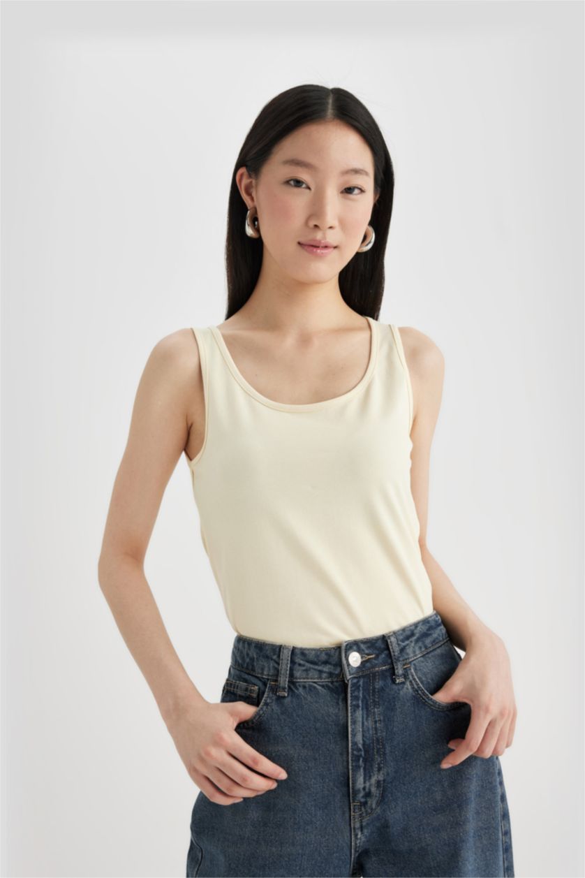 نساء أصفر فاتح تانك توب سليم فيت برقبة مستديرة بدون كم