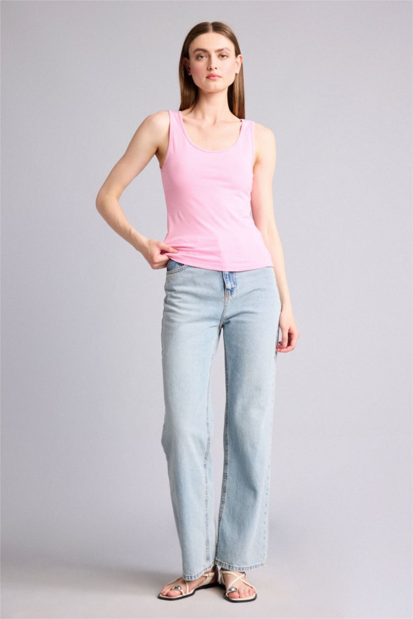 Women Pink Slim Fit Basic Round Collar Sleeveless Tank Top