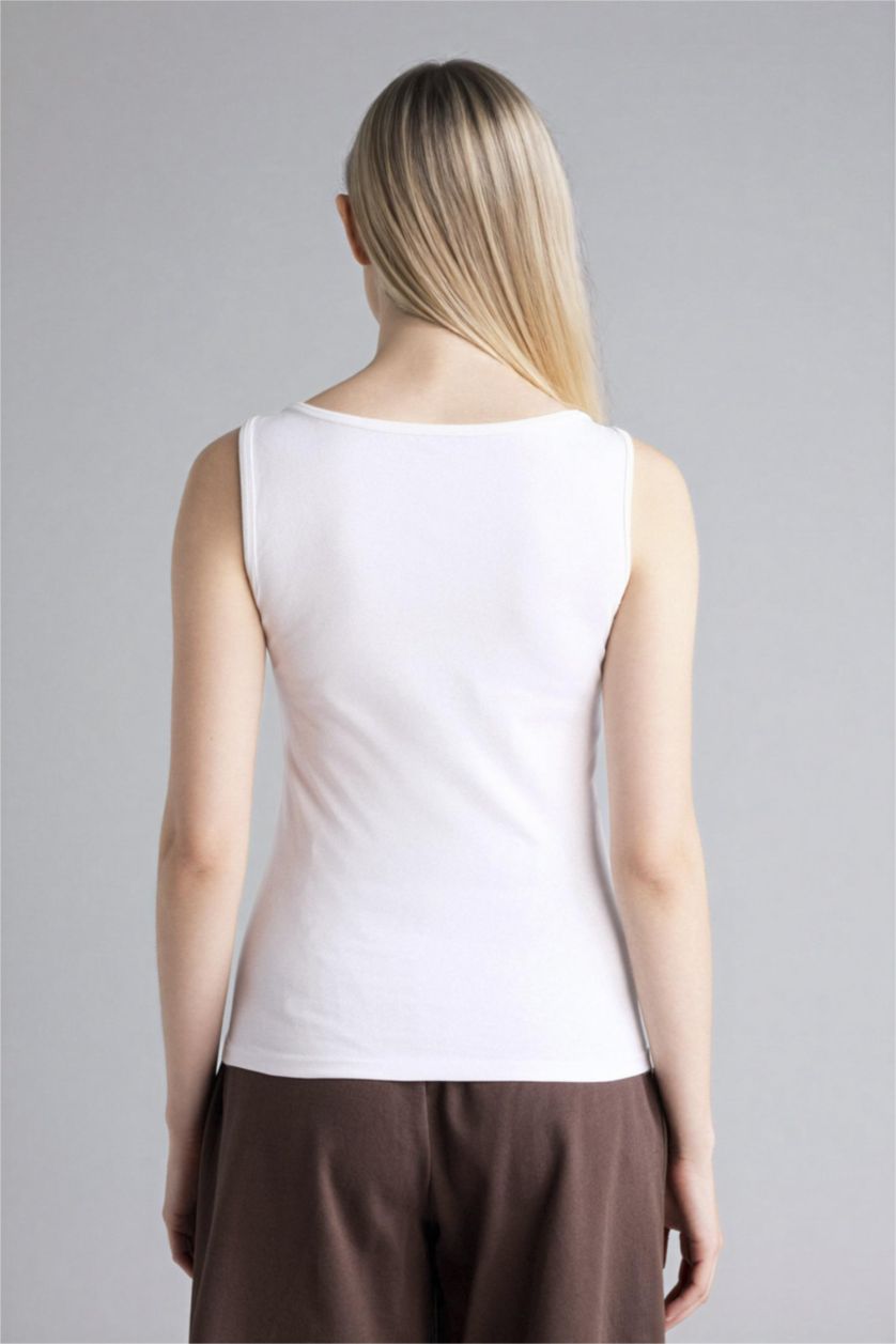 Kadın Beyaz Slım Fıt Basıc Düz Yuvarlak Yaka Atlet