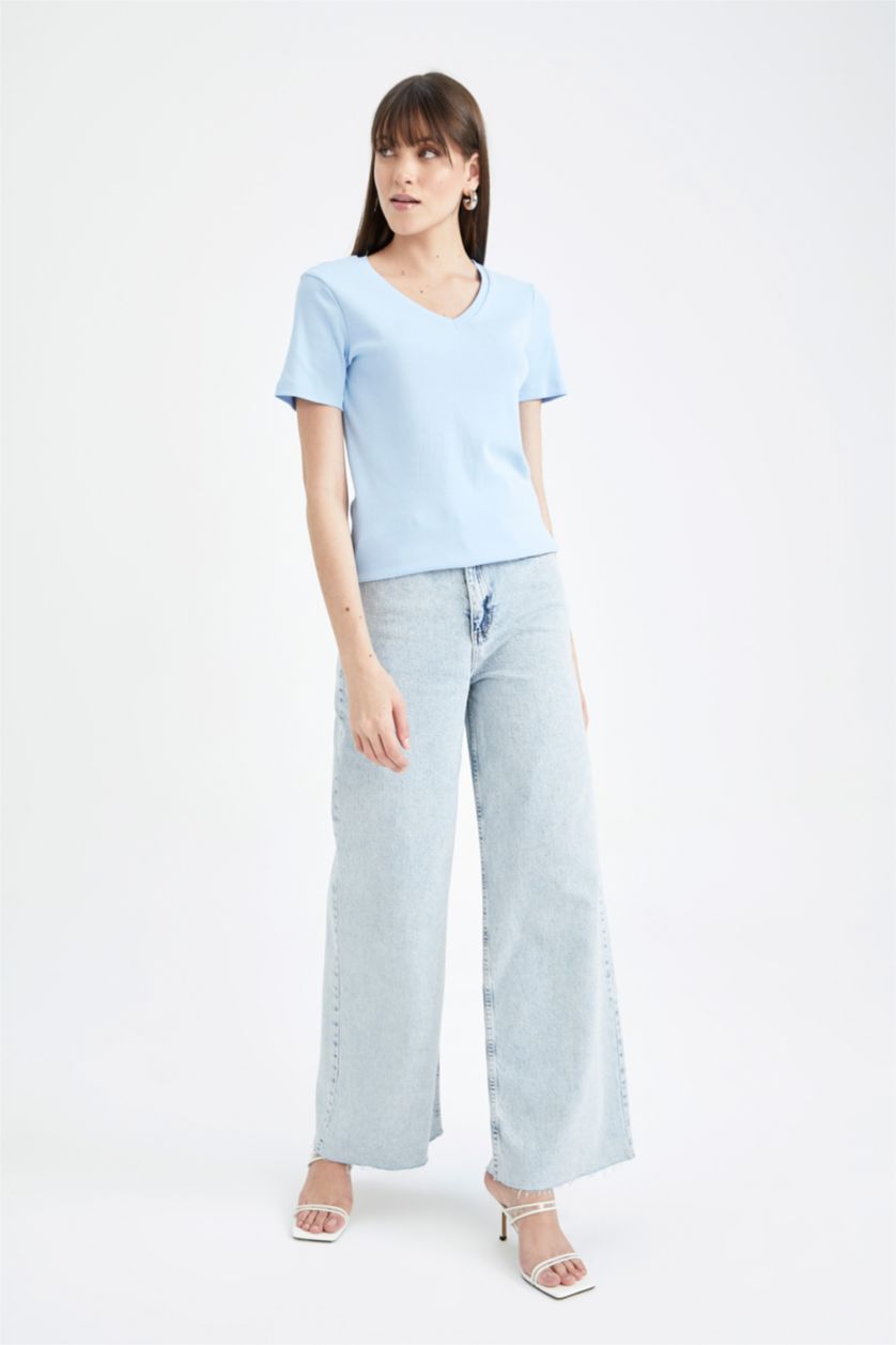 Kadın Mavi Slim Fit Dar Kesim V Yaka Ribana Basic Düz %100 Pamuk Kısa Kollu Tişört