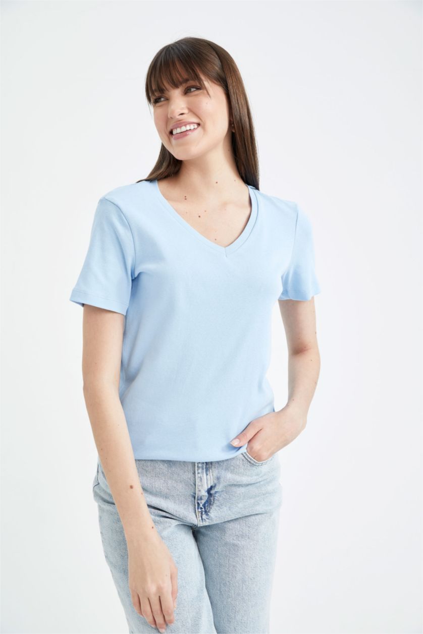 Kadın Mavi Slim Fit Dar Kesim V Yaka Ribana Basic Düz %100 Pamuk Kısa Kollu Tişört