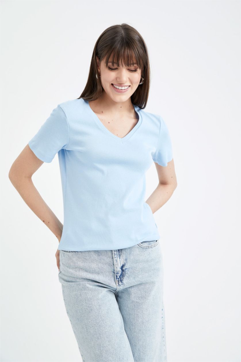 Kadın Mavi Slim Fit Dar Kesim V Yaka Ribana Basic Düz %100 Pamuk Kısa Kollu Tişört