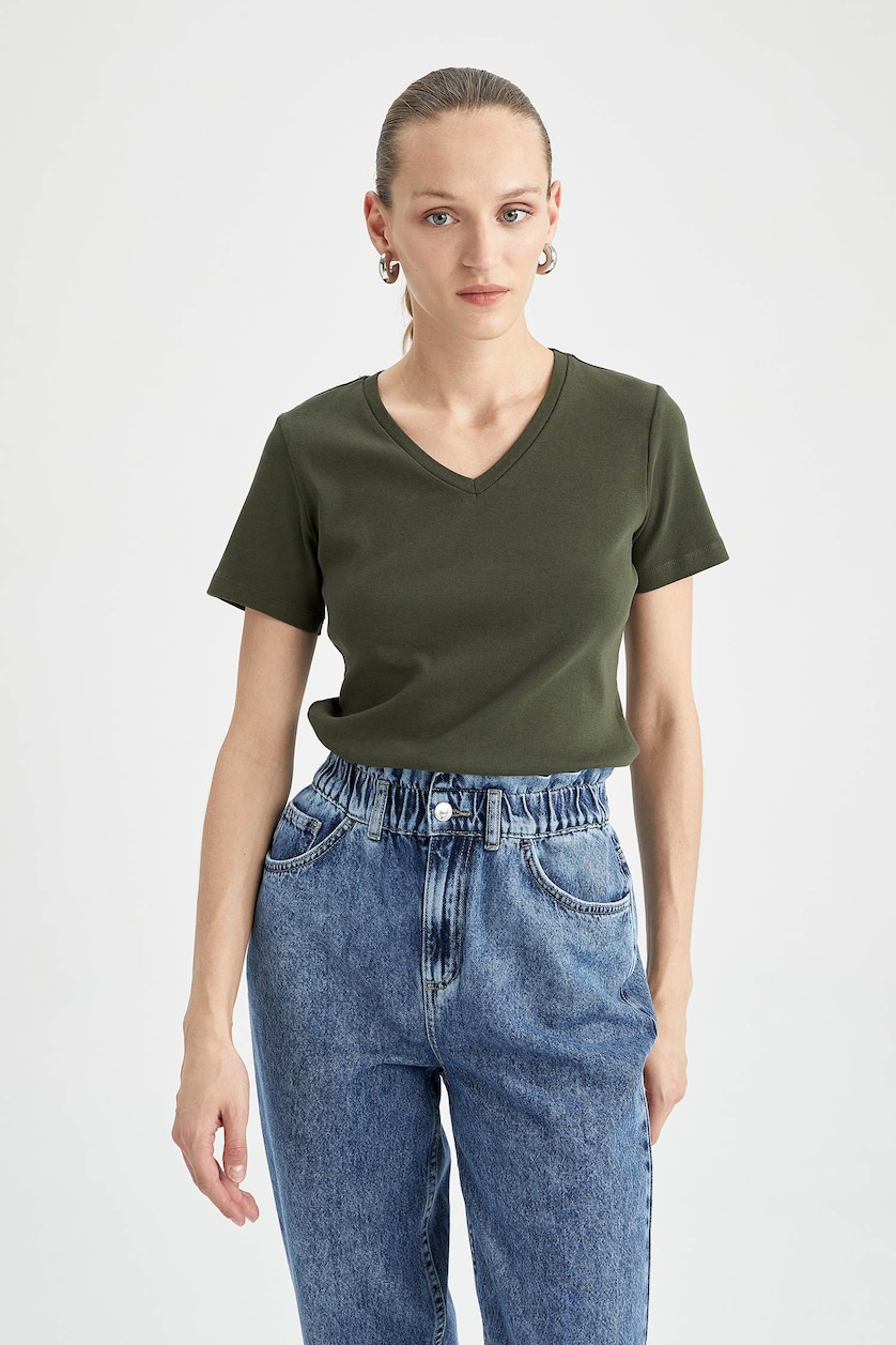 نساء كاكي غامق Slim Fit Ribana Short Sleeve T-Shirt
