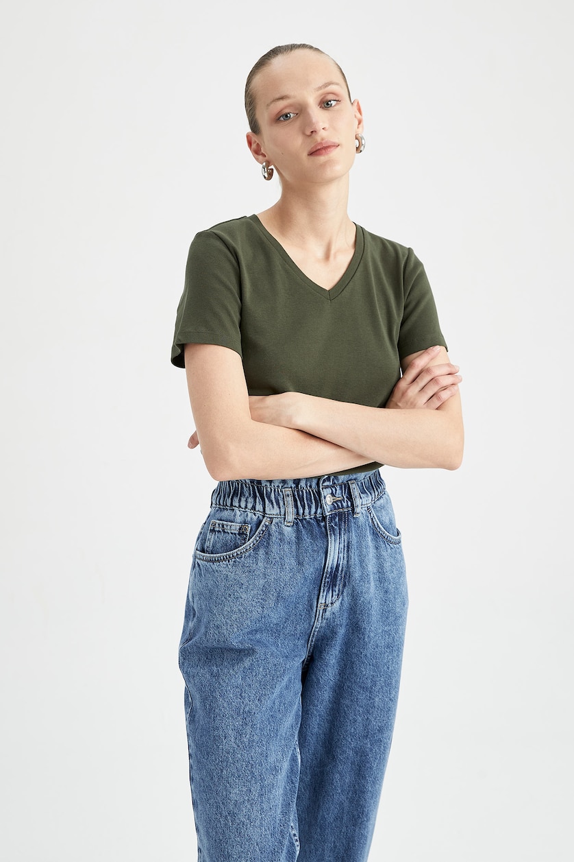 نساء كاكي غامق Slim Fit Ribana Short Sleeve T-Shirt